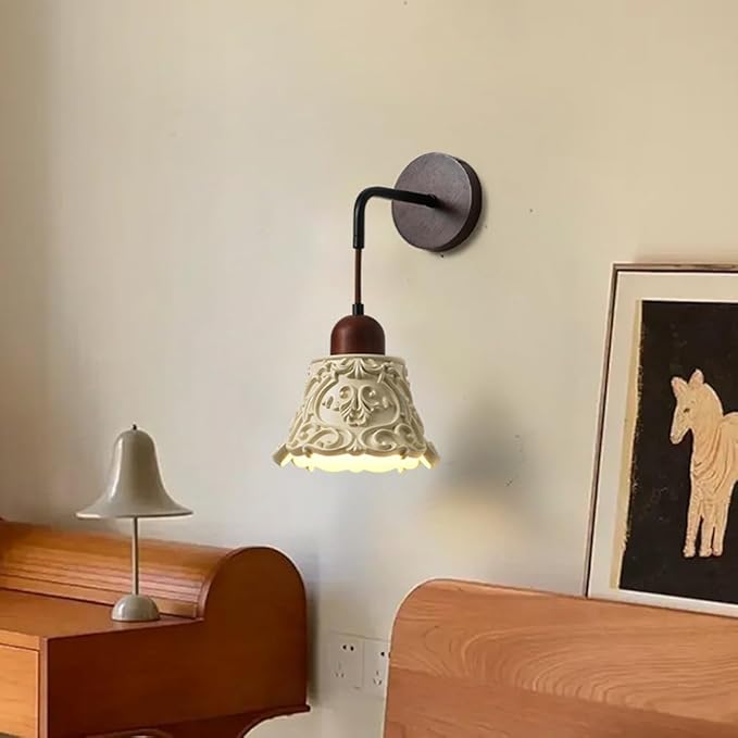 Modern Resin Wall Sconce Lighting Nordic Solid Wood Wall Lamp Wabi Sabi Cream Yellow Home Decor Lighting Fixture Cream Yellow Floral Finish, Japanese Style Walnut Wood Art Wall Sconces