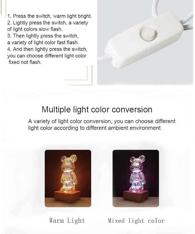 Crystal Bear Night Light 3D Glass Galaxy Decorations Bedside lamp Colorful LED Night Light, Ambient Light, to Create a Colorful Romantic Atmosphere.
