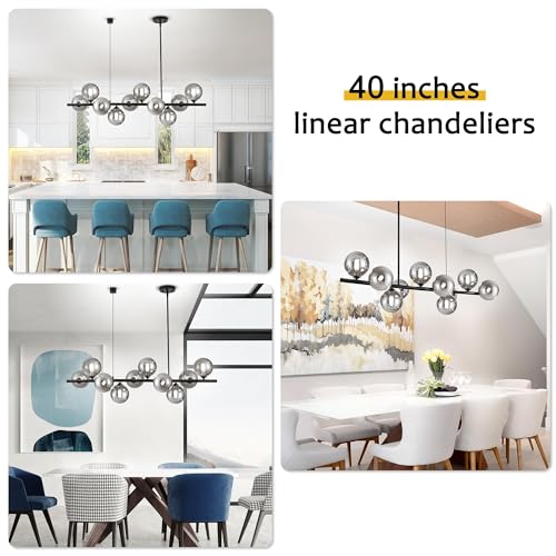 Linear Chandeliers for Dining Room 10 Light Modern Linear Chandelier Sputnik Ceiling Light Fixture, 40" Island Lights for Kitchen with Smokey Gray Lampshade Dining Room Chandelier Height Adjustable