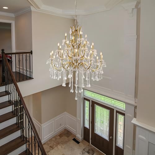 Large Antique French Country Brass Color Crystal Chandelier 3