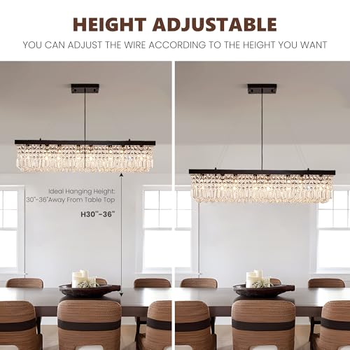 Modern Crystal Chandelier for Dining Room, 8-Light Black Rectangle Pendant Ceiling Light Fixture for Kitchen Island Bar, L40 x W10 x H10