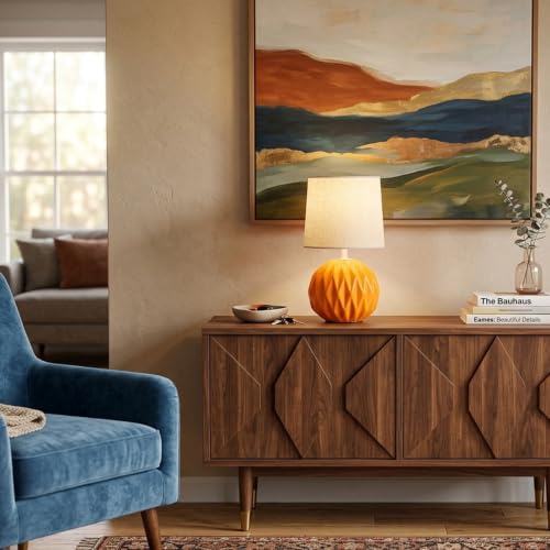 Orange Ceramic Table Lamp with Linen Shade