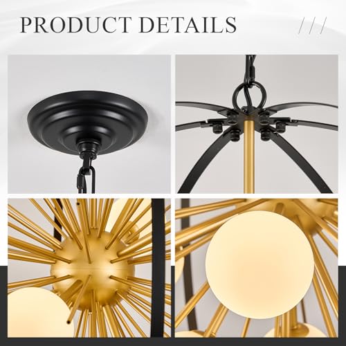 31" 12 Light Black Gold Sputnik Chandelier with Milk Glass Shade
