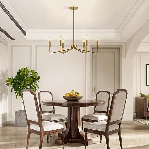 Brushed Gold Chandeliers for Dining Room, 6-Light Modern Farmhouse Chandelier, Brass Candle Style Hanging Light Fixture for Living Room Bedroom Kitchen Island