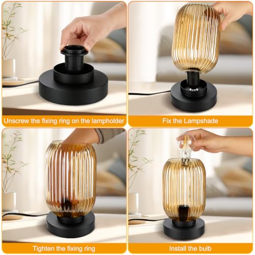 Mid Century Modern Table Lamp with Amber Ribbed Glass Shade