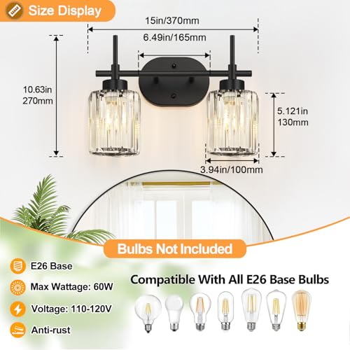 2 Light Matte Black Crystal Bathroom Vanity Light