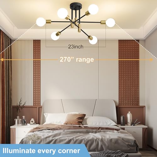 Modern Chandelier Ceiling Light Fixture, 6-Light Sputnik Dining Chandeliers 31.18"Gold&Black Chandelier Over Table, Mid Century Lights Fixture for Dining Room Living Room Kitchen Island(No Lampshade)