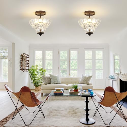 Vintage Oil Rubbed Bronze Semi Flush Mount Light with Floral Class Shade (Oil-Rubbed Bronze)