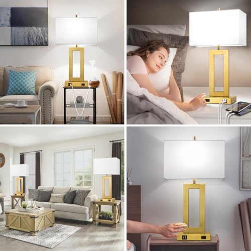 28" Gold Modern Touch Control Table Lamp Set of 2 with 2 USB Ports (2 Count)