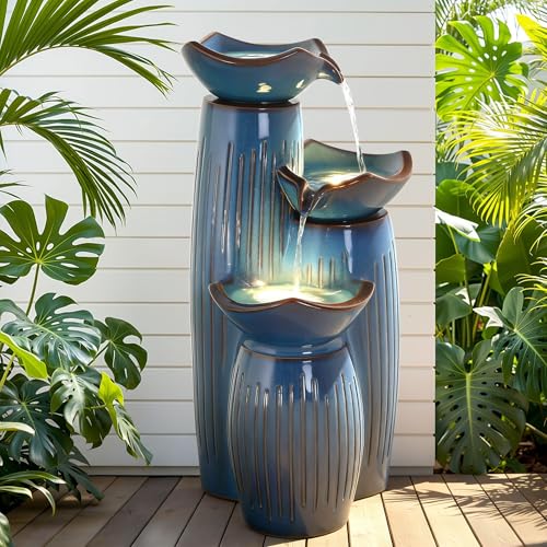 30" Ceramic Outdoor Water Fountain with LED Lights