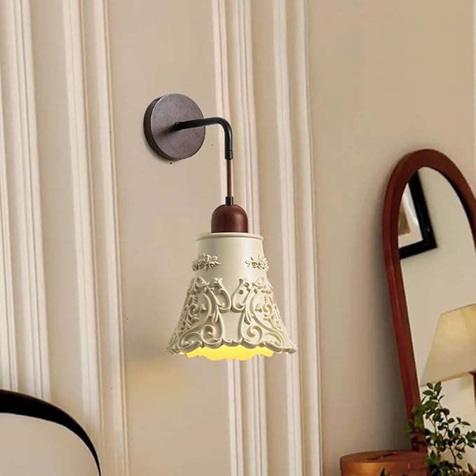 Modern Resin Wall Sconce Lighting Nordic Solid Wood Wall Lamp Wabi Sabi Cream Yellow Home Decor Lighting Fixture Cream Yellow Floral Finish, Japanese Style Walnut Wood Art Wall Sconces