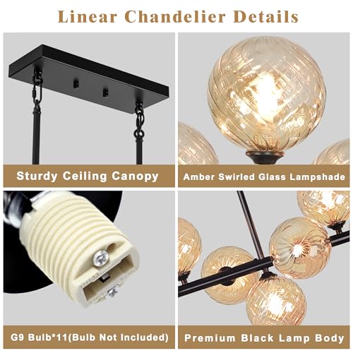 Linear Chandeliers for Dining Room 51" Island Lights for Kitchen Modern Sputnik Chandelier with Amber Swirled Glass 11 Light Dining Room Chandelier Large Linear Chandeliers for Kitchen Island (11 Count)