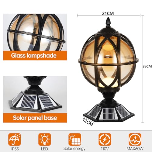 Solar Post Cap Light Victorian Globe Outdoor Waterproof Fence Pillar Lamps Solar Energy LED Exterior Column Lights Glass Ball Porch Lights Landscape Yard Street Light Deck Bollard Pedestal Light