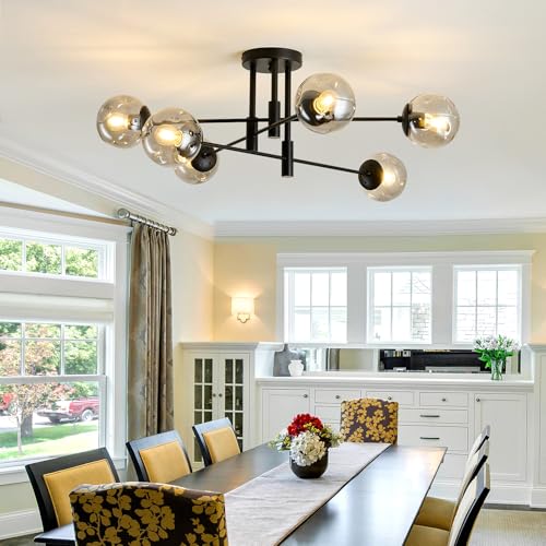 6-Lights Glass Globe Sputnik Chandelier Modern Flush Mount Ceiling Light Fixture Black Farmhouse Lighting for Dining Room Living Room Bedroom Kitchen Passageway.