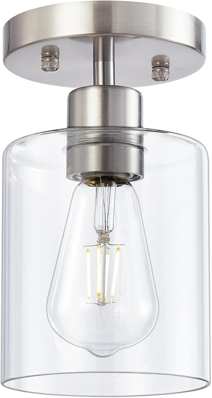 1 Light Semi Flush Mount Ceiling Light, Brushed Nickel Ceiling Light Fixtures, Modern Light Fixtures Ceiling Mount, Ceiling Lights with Glass Shade for Hallway Kitchen Foyer Porch Bedroom-1pack - Aura Lighting