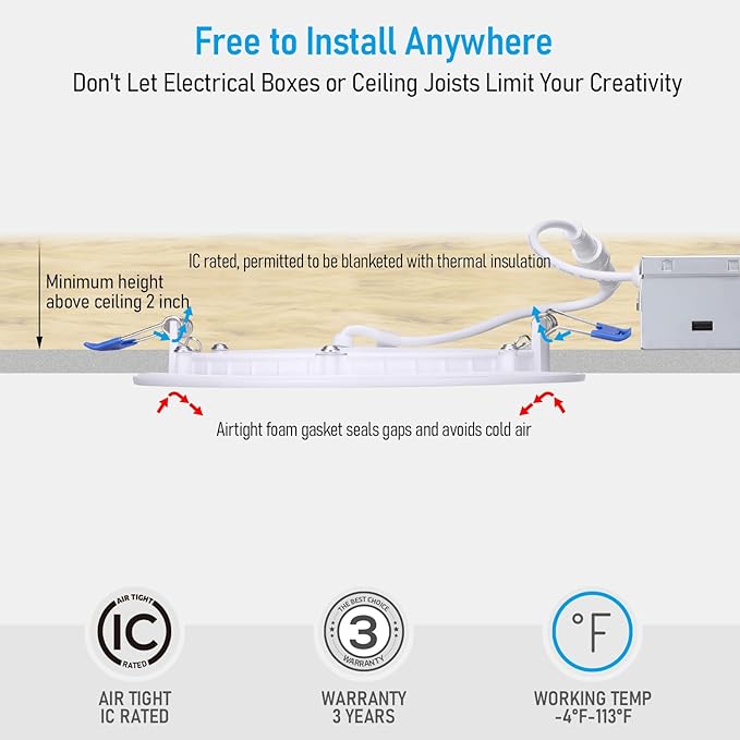 TORCHSTAR Basic Series 12-Pack 5CCT 6 Inch Ultra-Thin LED Recessed Lighting with J Box, CRI90, Aluminum, 2700K3000K3500K4000K5000K, 5%-100% Dimmable Slim Recessed Downlight, 12W 1100LM, ETL & ES