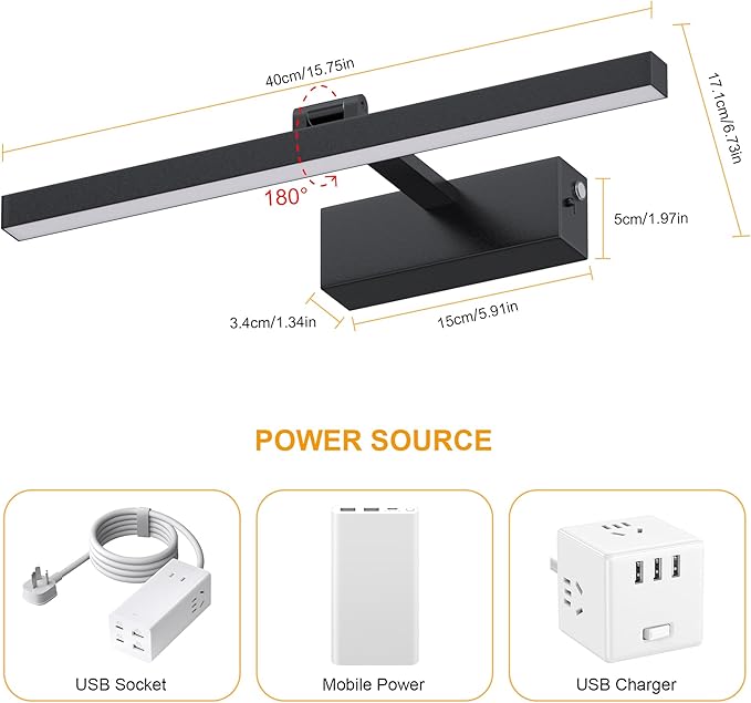 15.7" 10000mAh Rechargeable Picture Wall Light,3CCT Dimmable Wall Sconce with Remote/Touch Control,Battery Operated Art Light for Paintings,Display, Wall, Artwork, Gallery(Black,1Pack)