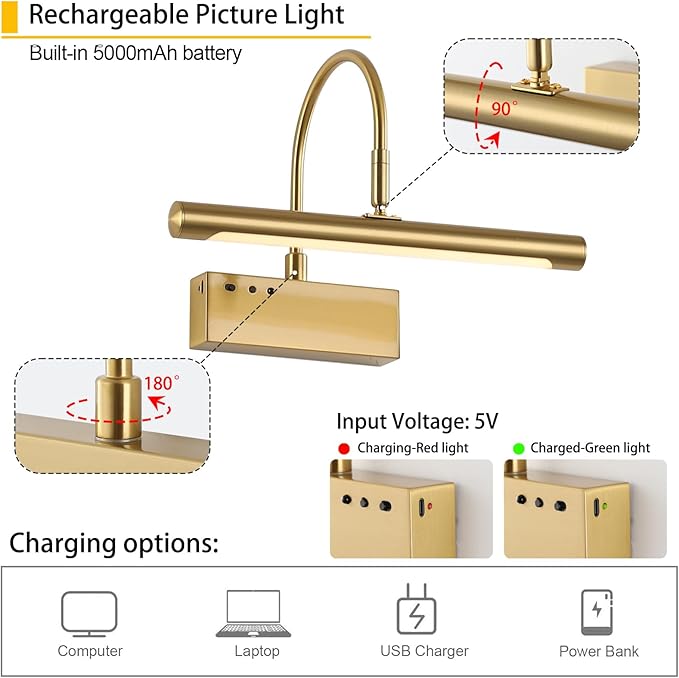 Wireless LED Picture Light, Coredless Art Lighting for Wall, Brass Battery Frame Light with Remote, 3 Color Tone & Dimmable,12 inch Wall Decor Light for Art Display,Hallway,Study Room