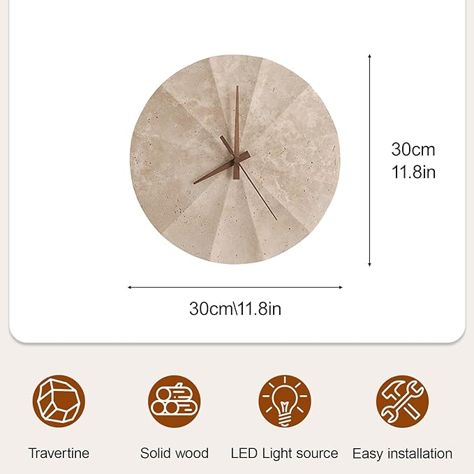 Round Natural Stone Wall Sconce, Creative Clock Design Yellow Travertine Wall Lamp, 3000K Warm Light LED Wall Light Fixture, Japanese Style Wabi-Sabi Art Lighting Fixture for Bedroom(30cm)