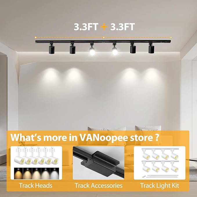 VANoopee H Track Lighting Rails Kit, 6.6FT H Type Rails Black with End Caps and Live End Feed Connector, Compatible with Single Circuit 120V H Style Track System, for LED Track Lighting Heads - Aura Lighting