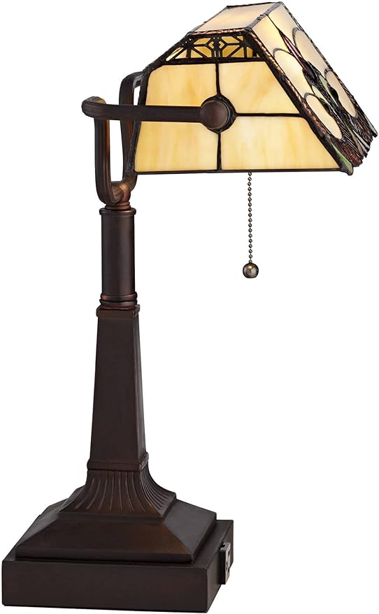 Robert Louis Tiffany Fleura Traditional Tiffany Style Piano Banker Desk Table Lamp 17" High with AC Power Outlet Bronze Floral Art Glass Shade Decor for Bedroom House Bedside Nightstand Home Office