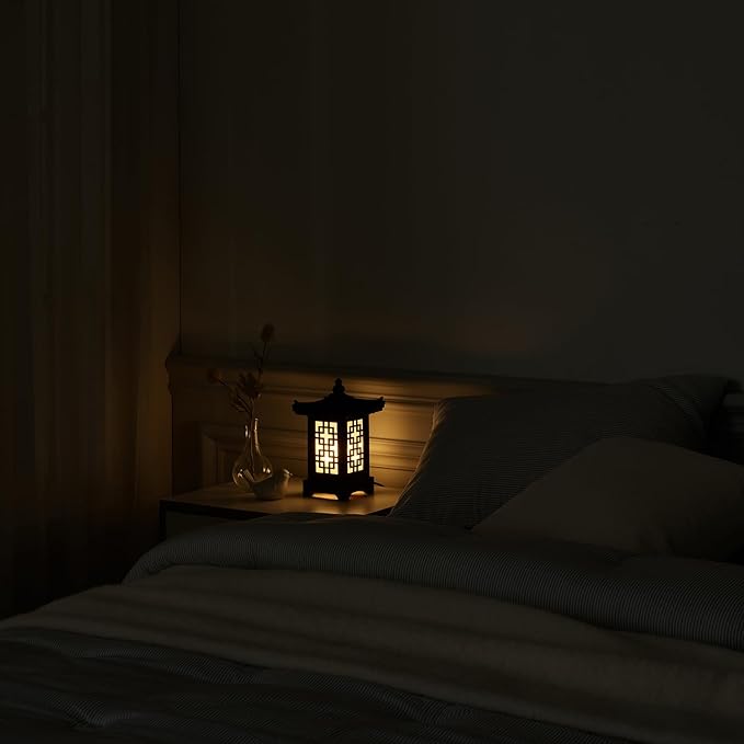 Traditional Korean Wood Lamp | Handmade Asian Oriental Table Lantern | Bedside Bedroom Accent Light | Unique Gift Idea | Pagoda Design (Brown) (Pine)