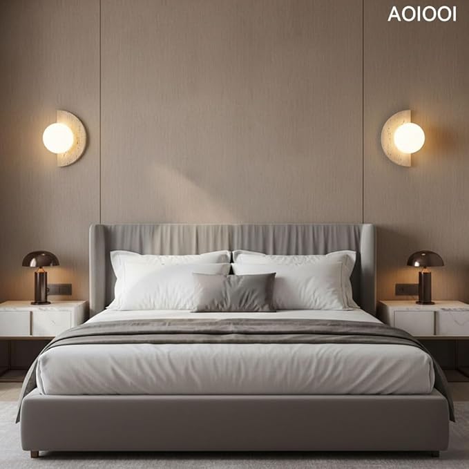 Natural Travertine Stone Wall Sconce, Half Moon LED Wall Light Fixture,Glass Globe and Pull Chain Switch Wall Lamp,Modern Minimalist Lunar Lamp for Bedroom Bedside,Living Room Accent Decor(Two kinds)