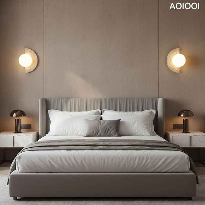 Natural Travertine Stone Wall Sconce, Half Moon LED Wall Light Fixture,Glass Globe and Pull Chain Switch Wall Lamp,Modern Minimalist Lunar Lamp for Bedroom Bedside,Living Room Accent Decor(Two kinds)