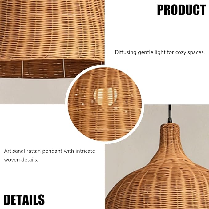 Rattan Pendant Light, Japanese Wabi-Sabi Bell Wicker Chandelier, Zen Handwoven Hanging Lamp, Farmhouse Kitchen Island Lighting Fixture,for Chinese Restaurant Tea Room Hotel Coffee Shop, E27