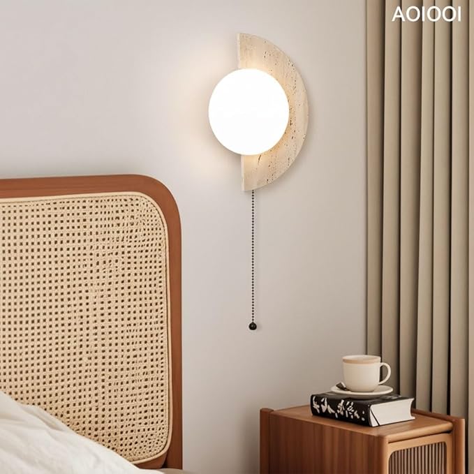 Natural Travertine Stone Wall Sconce, Half Moon LED Wall Light Fixture,Glass Globe and Pull Chain Switch Wall Lamp,Modern Minimalist Lunar Lamp for Bedroom Bedside,Living Room Accent Decor(Left)