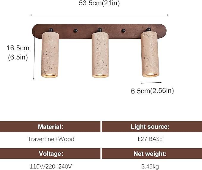 3-Lights Bathroom Vanity Light Fixtures for Over Mirror, 21" Wabi Sabi Marble Wall Sconce with Adjustable Natural Stone Lampshade & Wood Base, Yellow Travertine Wall Lamp for Bedroom