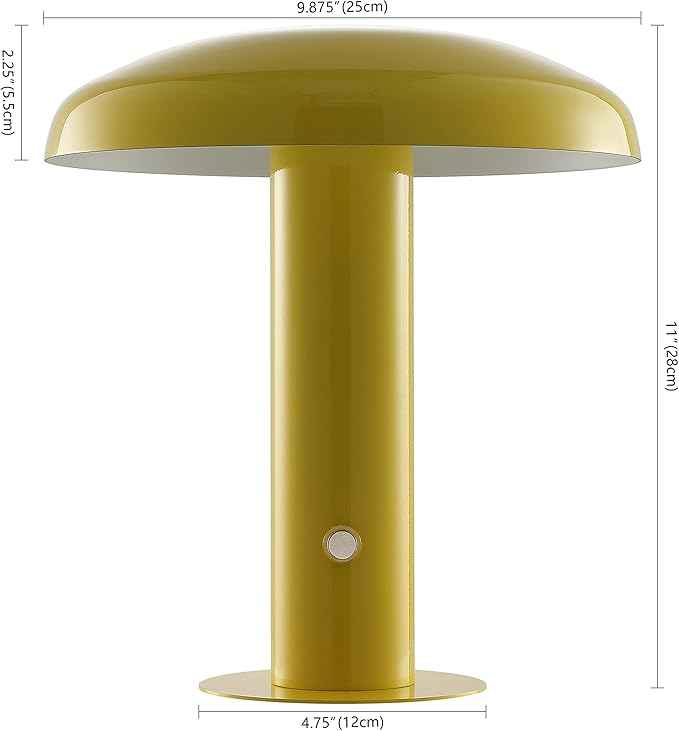 JONATHAN Y 11" Yellow Rechargeable LED Mushroom Table Lamp, Cordless Portable Dimmable Mid-Century Modern Accent Lamp, with Metal Shade, Touch Sensor (JYL7114C)