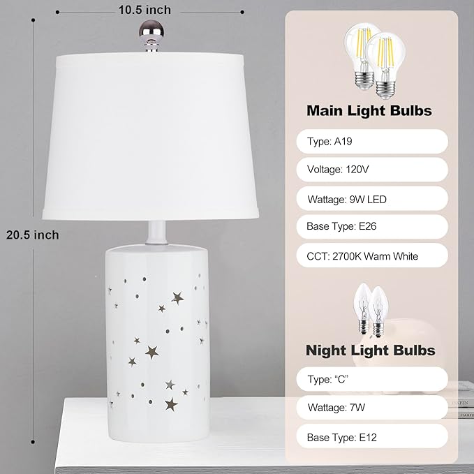 20.5" Modern White Ceramic Table Lamp Set of 2 for Bedroom Living Room Desk Lamp Small Bedside Lamps with Nightlight for Study Room Office Dorm Nightstand Lamp Side Table Lamp-LED Bulbs Include