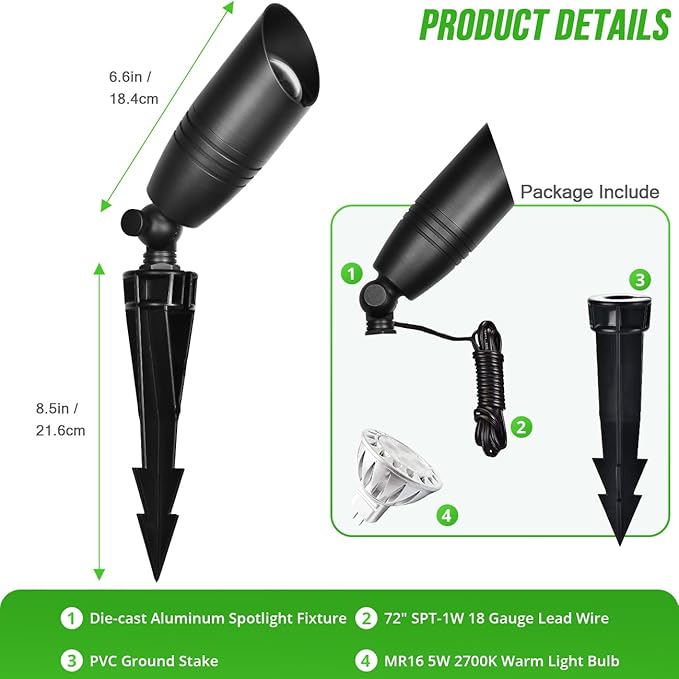 wowlite Low Voltage Spot Lights Outdoor LED 4 Pack, Die-cast Aluminum Landscape Spotlights, Waterproof Black Uplights with MR16 Bulbs Ground Stake for Garden Courtyard Pathway - Aura Lighting