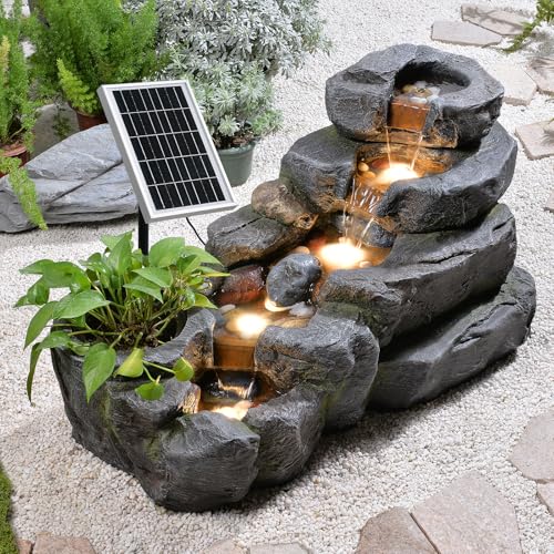 5 Tier Solar Water Fountain Outdoor Rock Waterfall Fountains