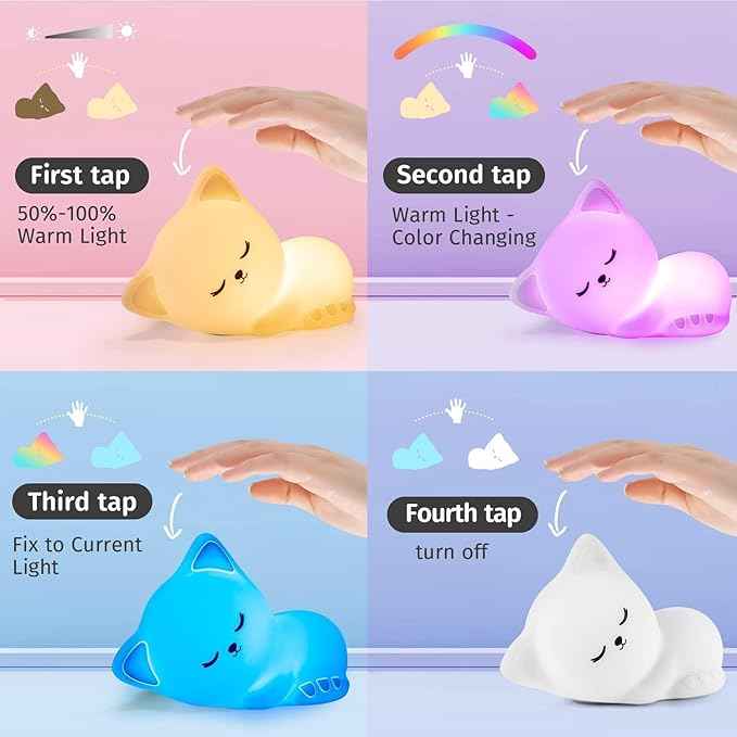 Night Light for Kids,16 Colors Cat Lamp Cute Lamp,Dimmable Baby Night Lights for Nursery,Silicone Rechargeable Nightlight for Kids Room,Kawaii Room Decor,Cat Themed Gifts,Valentines Day Gifts for Kids