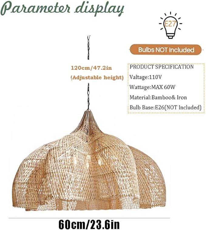 Vintage Tropical Restaurant Ceiling Mount Chandelier Southeast Asian Hotel Hall Pendant Light Shade Handmade Rattan Wabi-sabi Style Semi Flush Mount Ceiling Light Fixture with Metal Chain