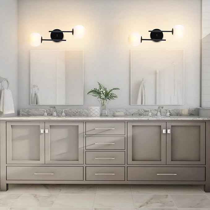 Black Globe Wall Sconces, 2-Light Modern Matte Black Vanity Lights with White Globe Glass Shade, Industrial Farmhouse Wall Lamp for Bedroom, Living Room, Kitchen, Bathroom
