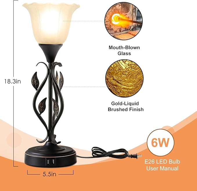 Touch Table Lamps for Bedroom Set of 2, Bedside Lamps with USB Ports, 3-Way Dimmable Decorative Nightstand Lamp Rustic Leaf Torchiere Glass Flower Lamp for Living Room Dresser (Bulbs Included)