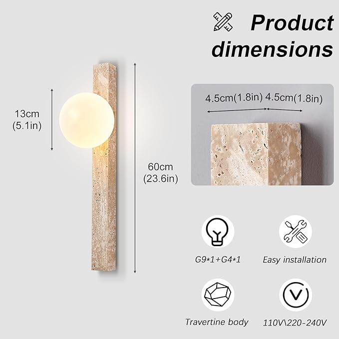 Modern Yellow Travertine Wall Sconce, Japanese Style Wabi Sabi Light Fixture with Natural Stone Base & Glass Lampshade, Interior Decoration Wall Lamp for Bedroom Living Room Hallway(60cm)