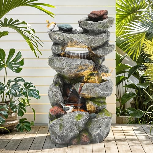 31.5" Multi Tier Rock Outdoor Water Fountain with LED Lights (72 Count)