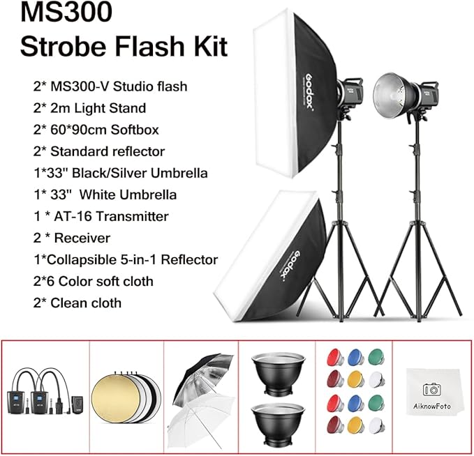 Godox 2pcs MS300V 600W Studio Strobe Flash Light Kit,2.4G Bowens Mount Lighting Flash GN58 5800K with AT-16 Trigger,Light Stands,Softboxes,Umbrella,Reflector,Carry Bag for Portrait Product Photography