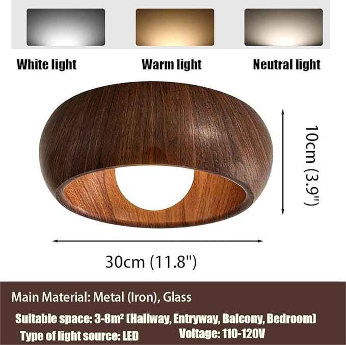 Modern Wood Grain Flush Mount Ceiling Light, Round Wabi-Sabi Style Ceiling Lamp, Minimalist Metal and Glass Fixture for Hallway, Entryway, Balcony, Japanese Decor Light(Dark Wood)