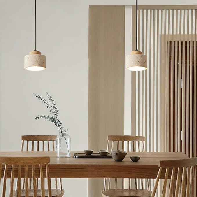 Set of 3 Japanese Travertine Hanging Lamps, Cylinder Natural Stone Pendant Lights Kitchen Island Adjustable Small Chandelier for Dining Room Bedside(Wood,15cm/5.90in)