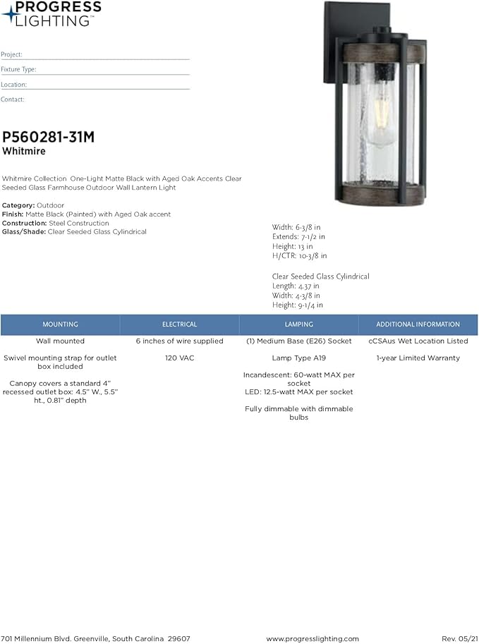 Whitmire Collection 1-Light Clear Seeded Glass Light Aged Oak Accents Farmhouse Outdoor Wall Lantern Light Matte Black