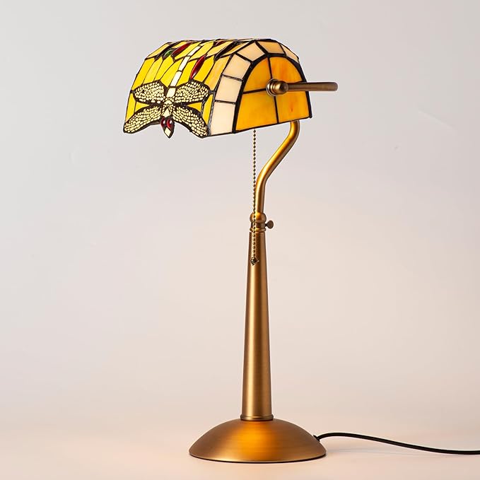 Tiffany Style Dragonfly Bankers Lamp - 18.1" Tall Stained Glass Desk Light with Adjustable Angle & Pull Chain, Vintage Handcrafted Accent Décor for Home Office Bedroom(Yellow)
