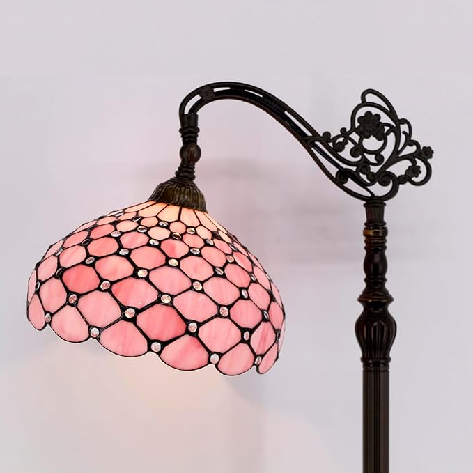 Tiffany Lamp Shade Replacement 12X6 Inch Stained Glass Lampshade Only 1-5/8-Inch Fitter Opening for Arched Floor Lamp, Torchiere Lamp, Pendant Light (Pink Pear Bead)