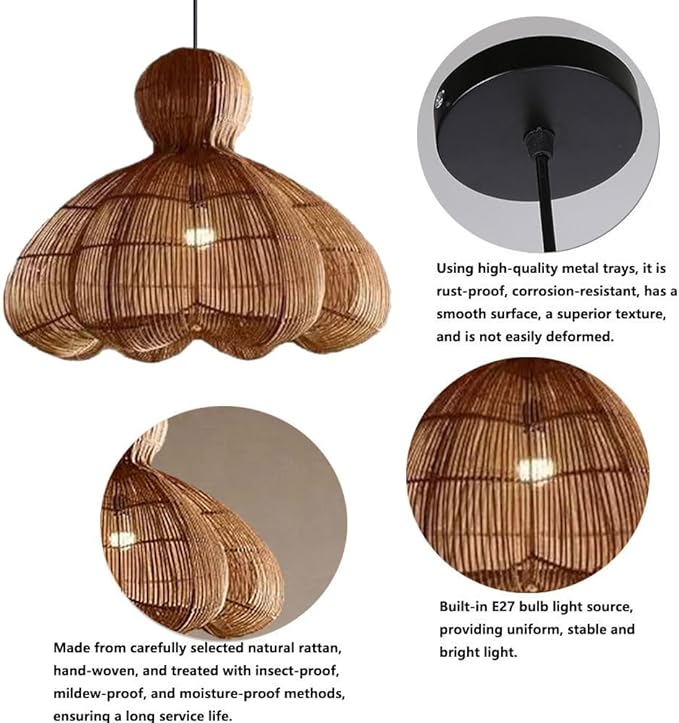 Woven Rattan Light,Petal-Shaped Rattan Lampshade,Large Hand-Woven Wabi-sabi Style Chandelier,Adjustable Pendant Light Fixtures for Dining Room, Kitchen, Living Room
