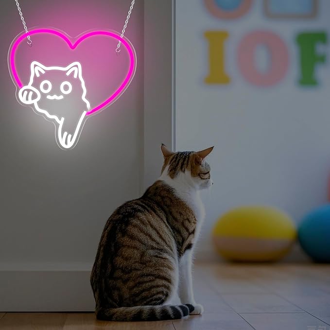 Cat Neon Sign Cute Pink Heart Cat LED Lights, Dimmable Animal Neon Sign for Wall Decor, Cat Lover Gift, Bedroom Wall Art, Living Room, Game Room, Pet Shop, Kawaii Home Accent(12.91 × 13.11 in)