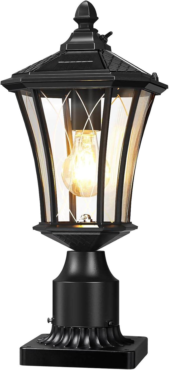 YSN 16" Solar Post Lights Outdoor, Dusk to Dawn Outdoor Post Lights with Pier Mount Base, Black Solar Lamp Posts Light Fixture, Waterproof Light Posts for Outside Yard Garden Patio, 1 Pack
